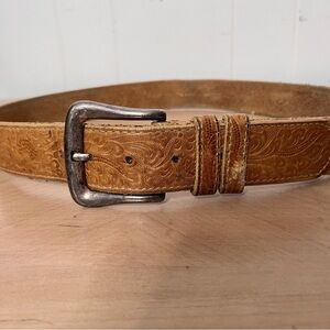 Men's Tan Leather Belt Embossed Genuine Full Grain Western Size 36